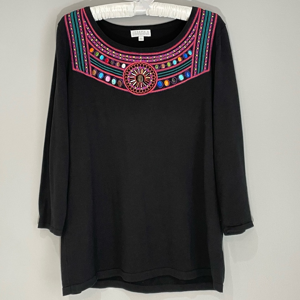 Joseph A. Bohemian Blouse Size XL Black Beautiful Embroidery Beaded 3/4 Sleeve